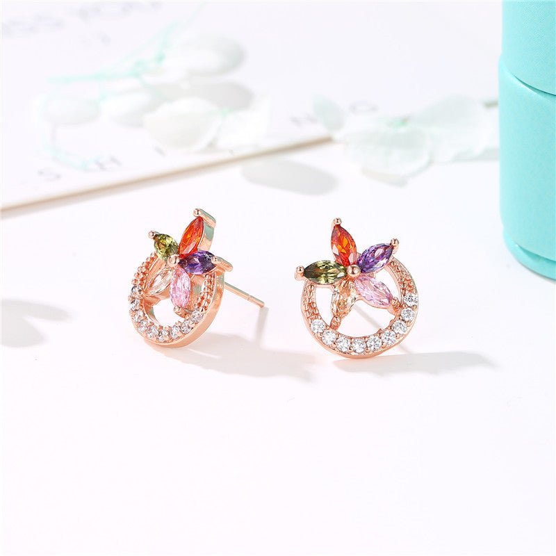 18K Gold Plated Multi - Color Zircon Flower Half - Circle Stud Earrings - Aruary Studio ｜ Artisanal Jewelry