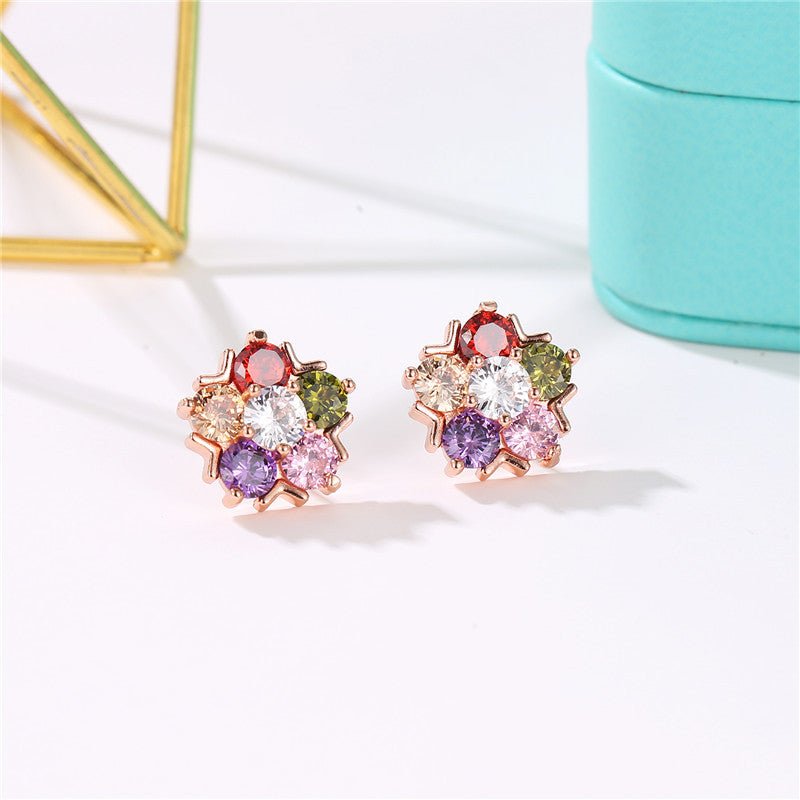 18K Gold Plated Multi - Color Zircon Flower Stud Earrings - Aruary Studio ｜ Artisanal Jewelry