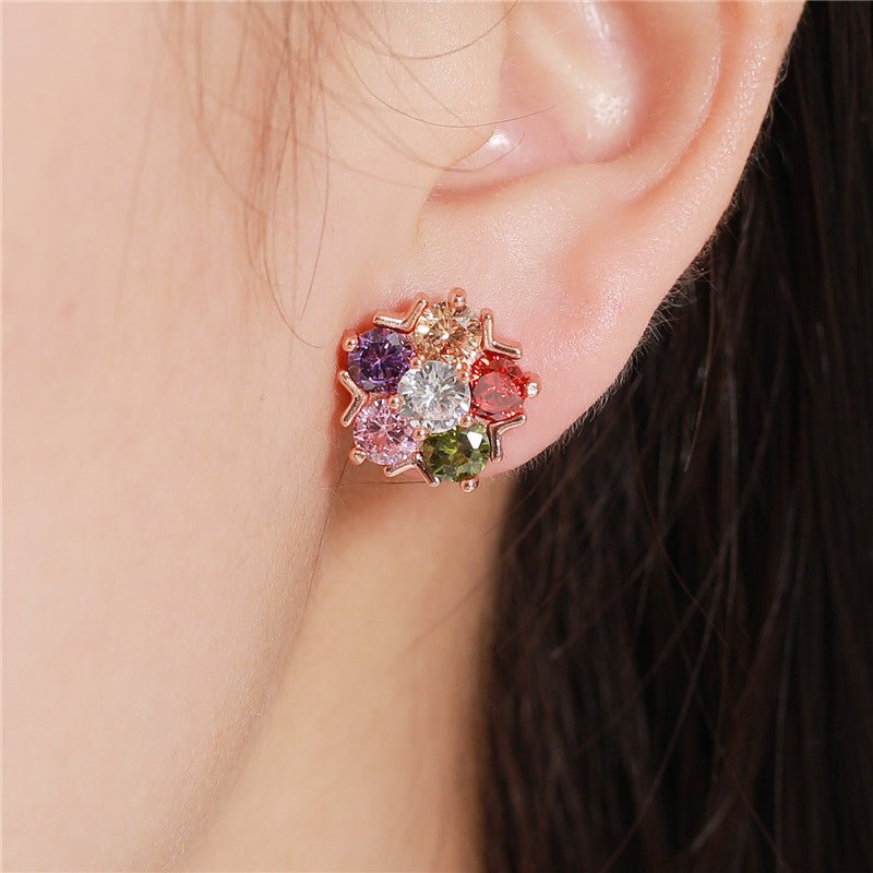 18K Gold Plated Multi - Color Zircon Flower Stud Earrings - Aruary Studio ｜ Artisanal Jewelry