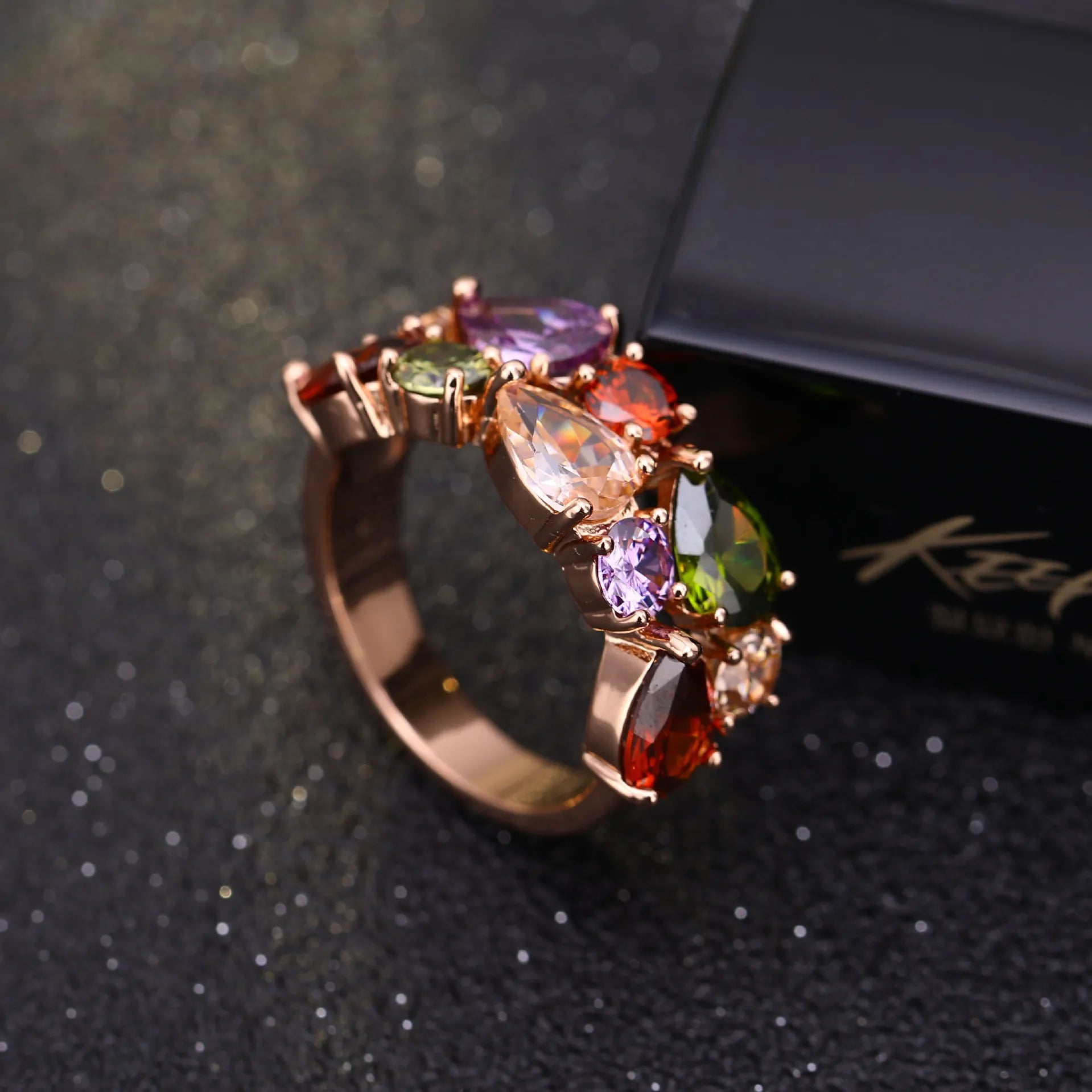 18K Gold Plated Multi - Color Zircon Teardrop Statement Ring - Aruary Studio ｜ Artisanal Jewelry