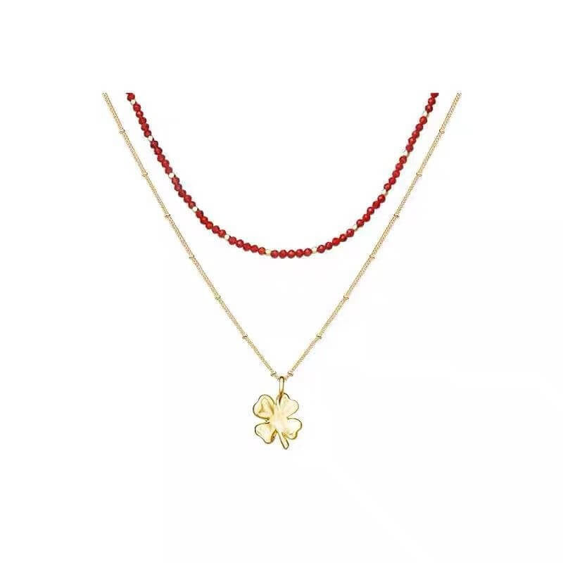 18K Gold Plated Red Clover Luck Necklace | Dainty Four - Leaf Flower Charm with Pearl Accent | 45cm Adjustable Layering Chain for Women - Aruary Studio ｜ Artisanal Jewelry