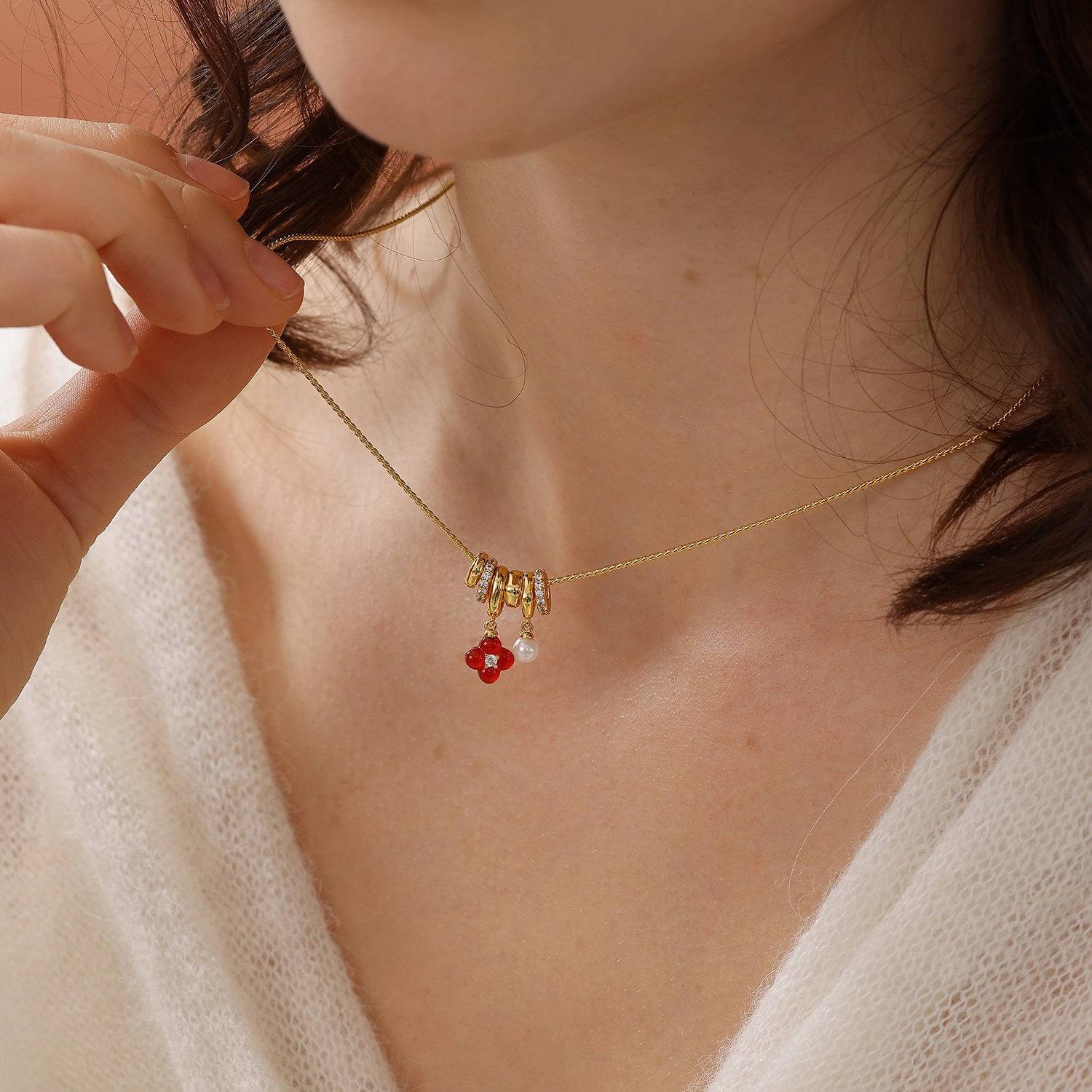 18K Gold Plated Red Clover Luck Necklace | Dainty Four - Leaf Flower Charm with Pearl Accent | 45cm Adjustable Layering Chain for Women - Aruary Studio ｜ Artisanal Jewelry
