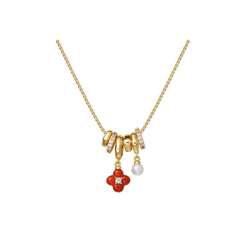 18K Gold Plated Red Clover Luck Necklace | Dainty Four - Leaf Flower Charm with Pearl Accent | 45cm Adjustable Layering Chain for Women - Aruary Studio ｜ Artisanal Jewelry