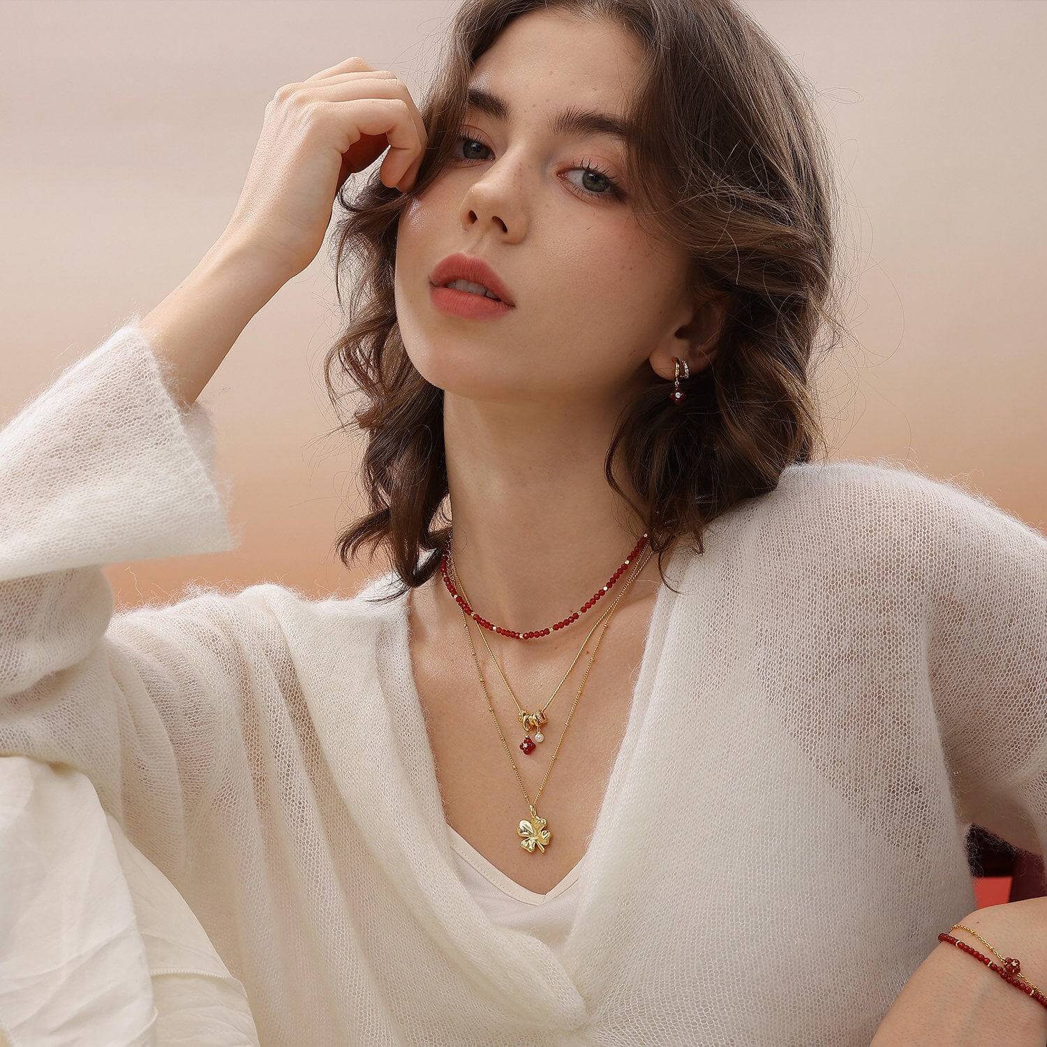 18K Gold Plated Red Clover Luck Necklace | Dainty Four - Leaf Flower Charm with Pearl Accent | 45cm Adjustable Layering Chain for Women - Aruary Studio ｜ Artisanal Jewelry