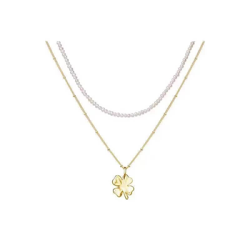 18K Gold Plated Red Clover Luck Necklace | Dainty Four - Leaf Flower Charm with Pearl Accent | 45cm Adjustable Layering Chain for Women - Aruary Studio ｜ Artisanal Jewelry