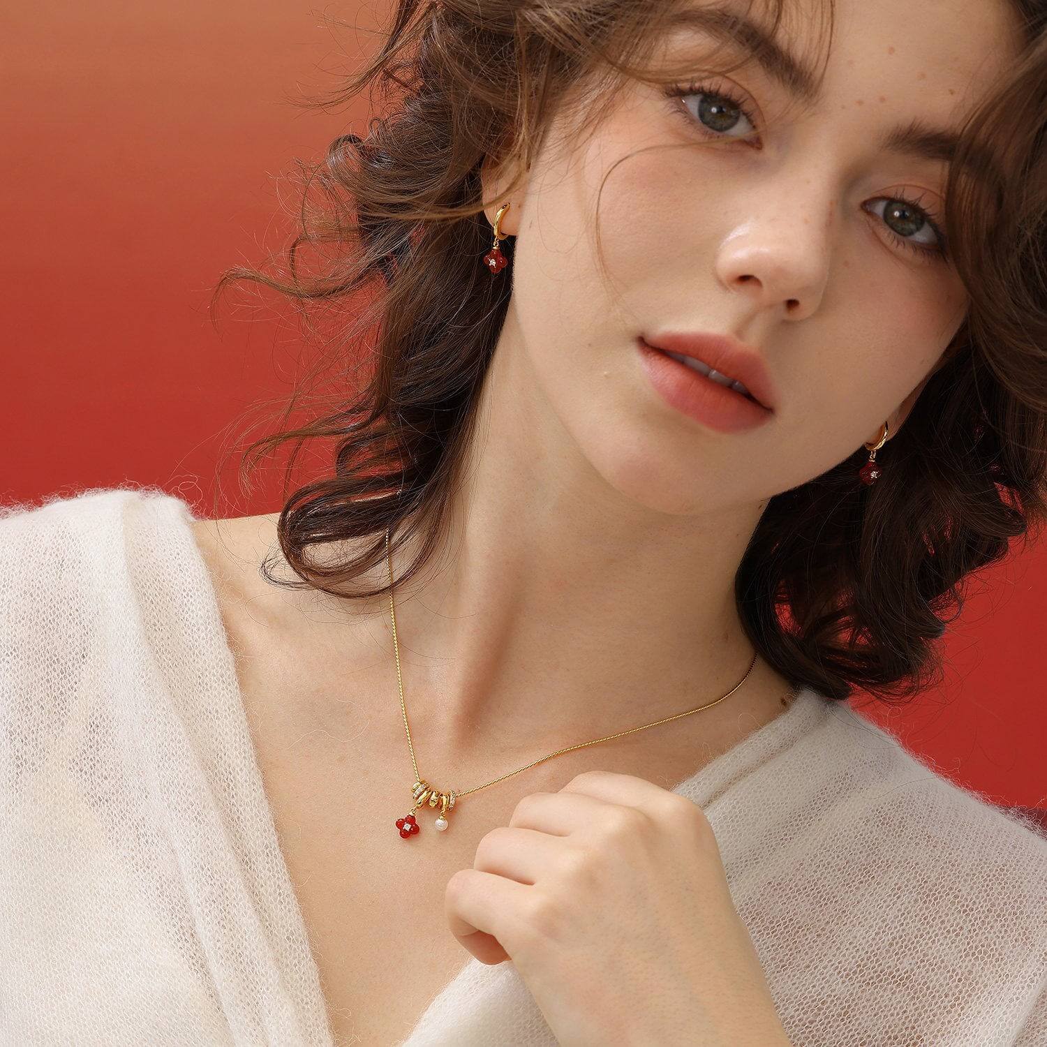 18K Gold Plated Red Clover Luck Necklace | Dainty Four - Leaf Flower Charm with Pearl Accent | 45cm Adjustable Layering Chain for Women - Aruary Studio ｜ Artisanal Jewelry