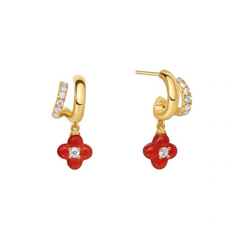 18K Gold Plated Red Clover Luck Necklace | Dainty Four - Leaf Flower Charm with Pearl Accent | 45cm Adjustable Layering Chain for Women - Aruary Studio ｜ Artisanal Jewelry