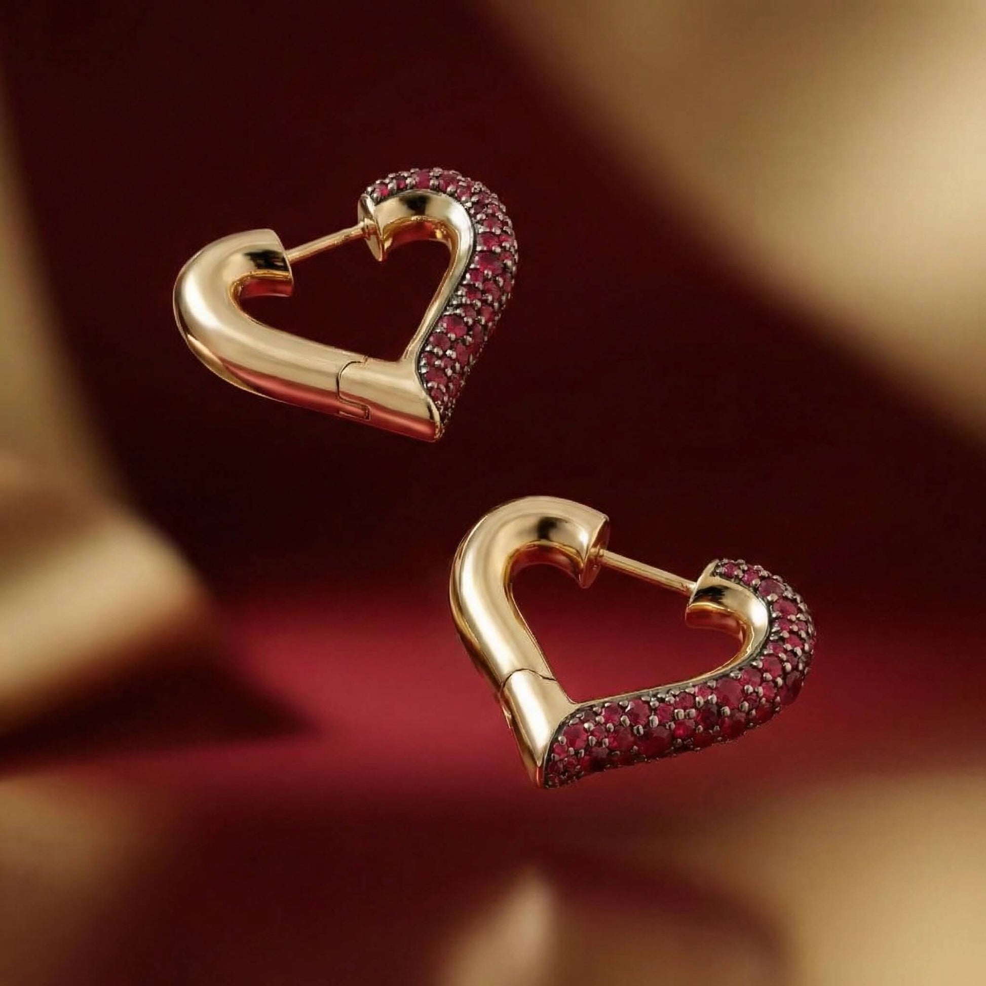 18K Gold Plated Red Heart Earrings | 5A Zircon Pavé Huggie Hoops for Women - Aruary Studio ｜ Artisanal Jewelry