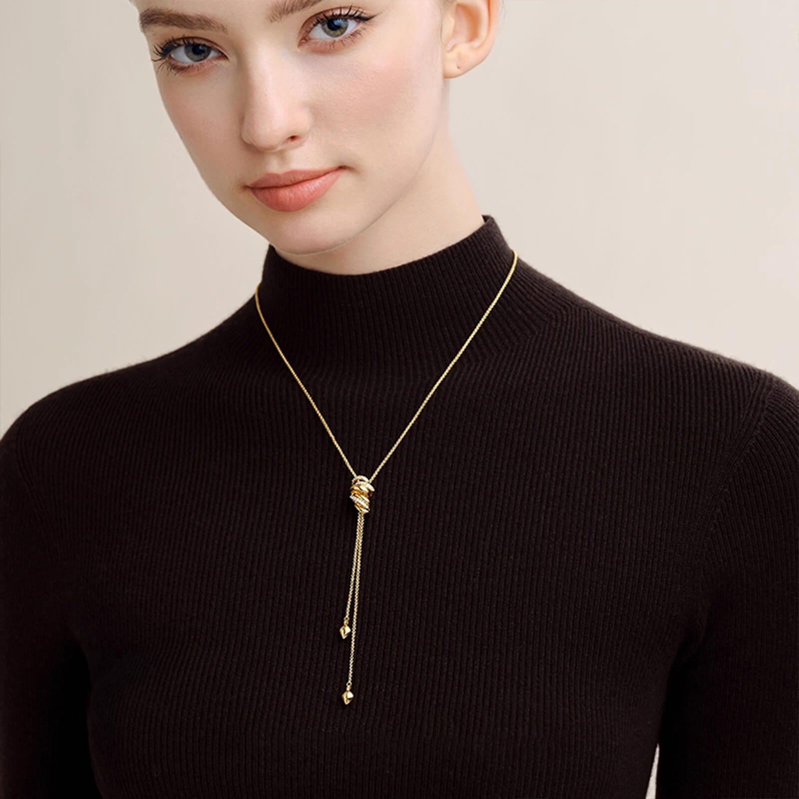 18K Gold Plated Rotating Ribbon Lariat Necklace | Adjustable 68cm Long Tassel Chain with Sparkling Pavé Zircon | Eco - Friendly Statement Jewelry - Aruary Studio ｜ Artisanal Jewelry