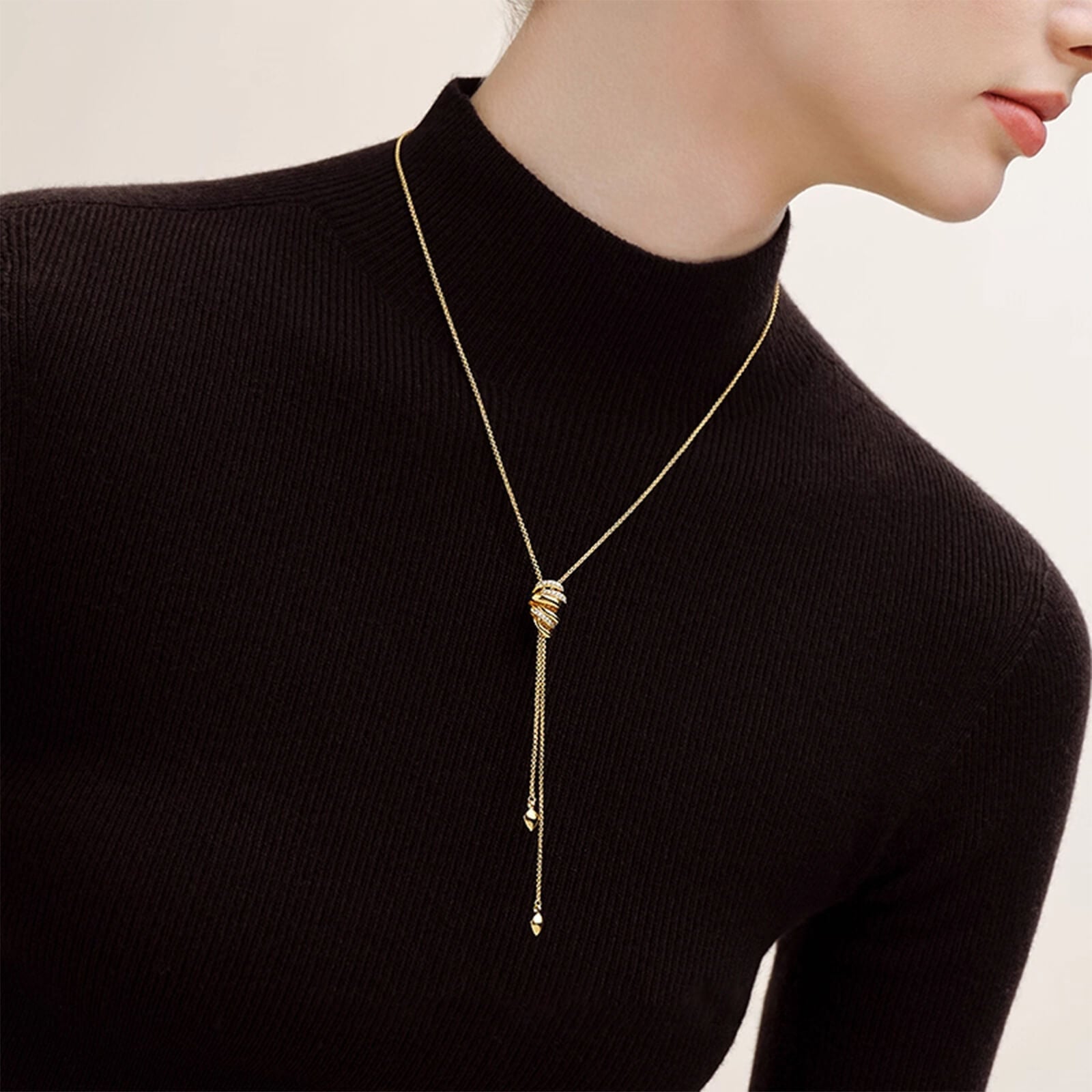 18K Gold Plated Rotating Ribbon Lariat Necklace | Adjustable 68cm Long Tassel Chain with Sparkling Pavé Zircon | Eco - Friendly Statement Jewelry - Aruary Studio ｜ Artisanal Jewelry