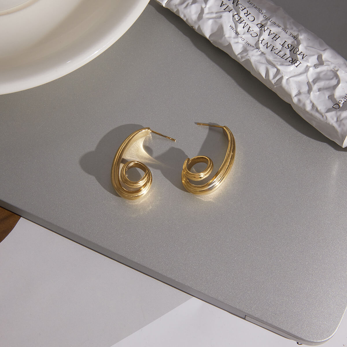 18K Gold Plated Sculptural Spiral Hoop Earrings | Modern Geometric Tassel Studs for Women | Unique Minimalist Statement Jewelry - Aruary Studio ｜ Artisanal Jewelry