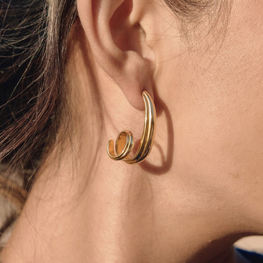 18K Gold Plated Sculptural Spiral Hoop Earrings | Modern Geometric Tassel Studs for Women | Unique Minimalist Statement Jewelry - Aruary Studio ｜ Artisanal Jewelry