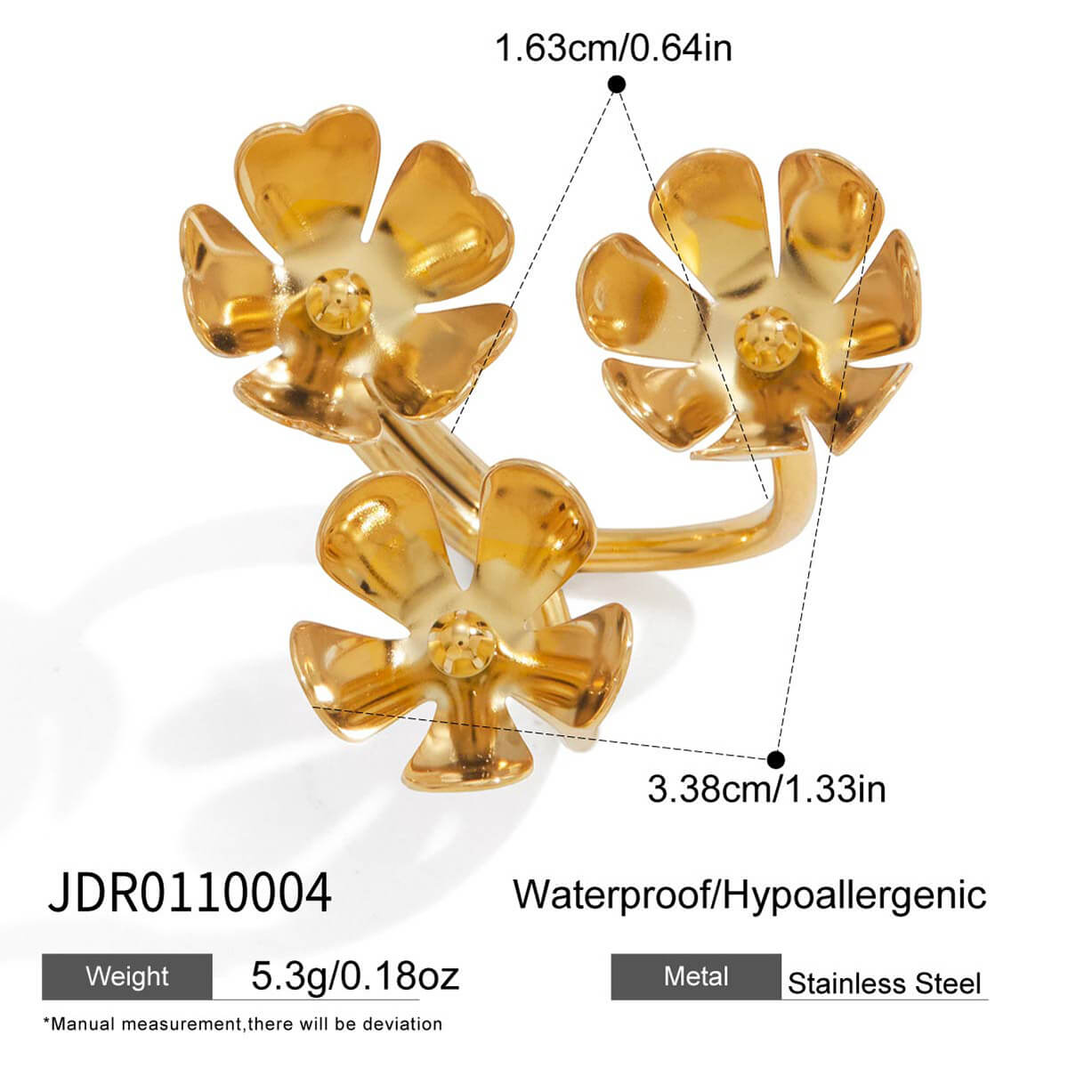 18K Gold Plated Triple Flower Statement Ring | Bold Sculptural Floral Ring for Women | Modern Chunky Gold Ring Daily Jewelry - Aruary Studio ｜ Artisanal Jewelry