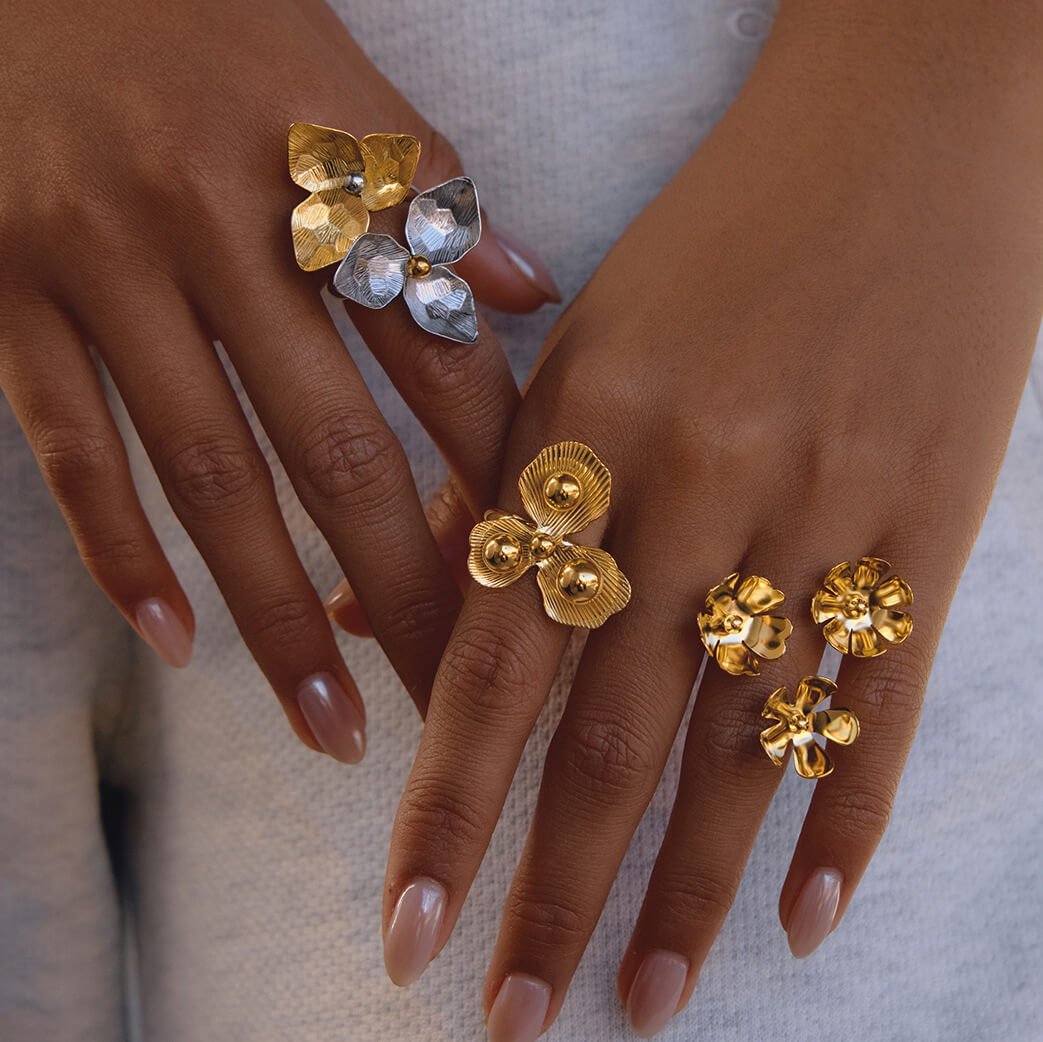 18K Gold Plated Triple Flower Statement Ring | Bold Sculptural Floral Ring for Women | Modern Chunky Gold Ring Daily Jewelry - Aruary Studio ｜ Artisanal Jewelry