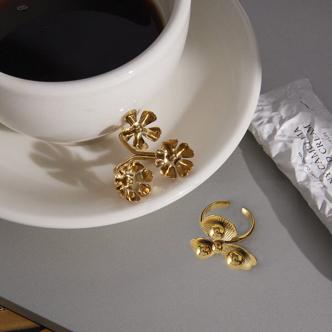 18K Gold Plated Triple Flower Statement Ring | Bold Sculptural Floral Ring for Women | Modern Chunky Gold Ring Daily Jewelry - Aruary Studio ｜ Artisanal Jewelry