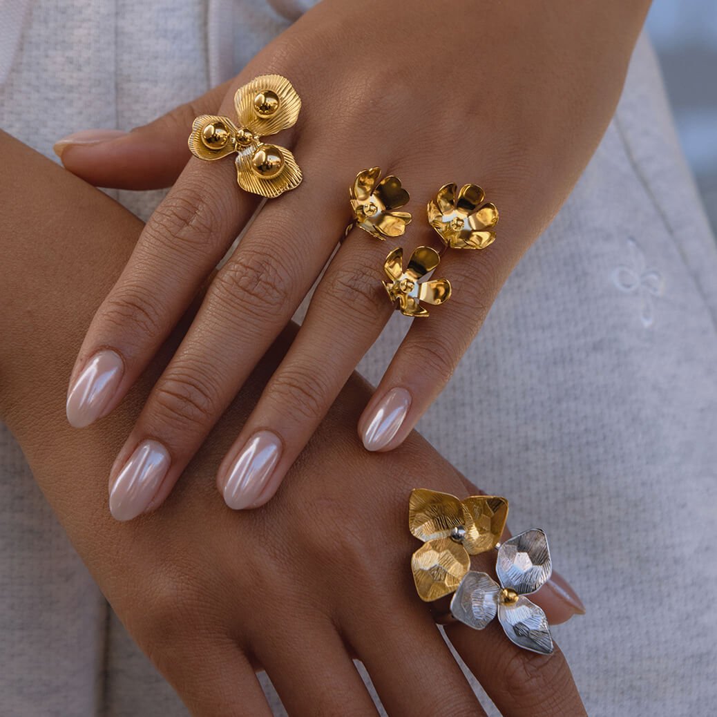 18K Gold Plated Triple Flower Statement Ring | Bold Sculptural Floral Ring for Women | Modern Chunky Gold Ring Daily Jewelry - Aruary Studio ｜ Artisanal Jewelry