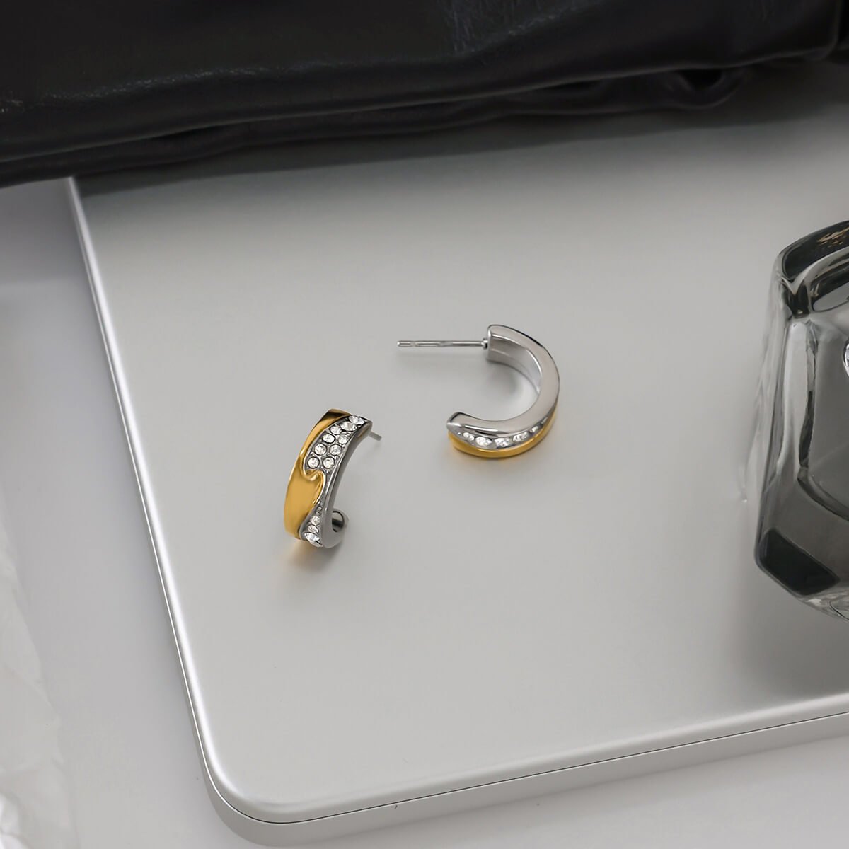 18K Gold Plated Two - Tone Huggie Hoop Earrings | Waterproof Stainless Steel C - Hoops with Sparkling Zirconia | Hypoallergenic Daily Essential - Aruary Studio ｜ Artisanal Jewelry