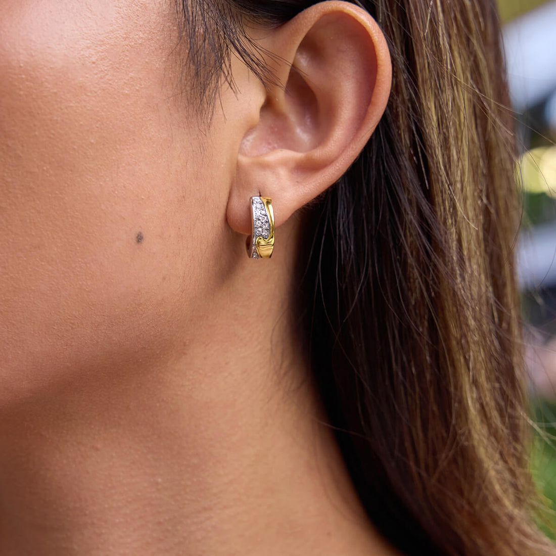 18K Gold Plated Two - Tone Huggie Hoop Earrings | Waterproof Stainless Steel C - Hoops with Sparkling Zirconia | Hypoallergenic Daily Essential - Aruary Studio ｜ Artisanal Jewelry