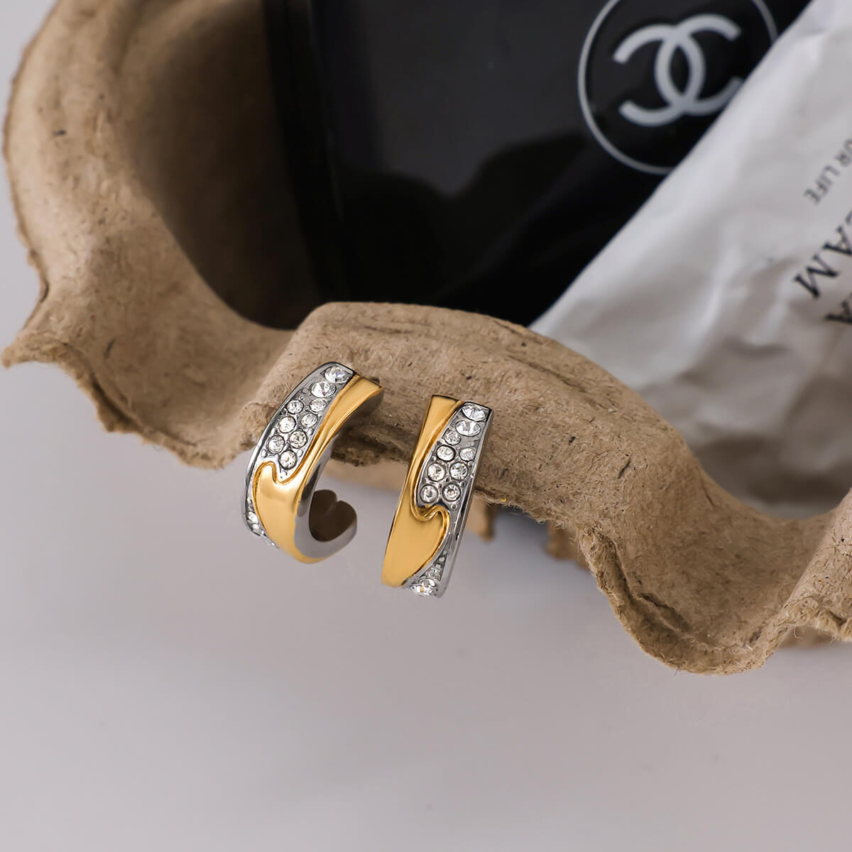 18K Gold Plated Two - Tone Huggie Hoop Earrings | Waterproof Stainless Steel C - Hoops with Sparkling Zirconia | Hypoallergenic Daily Essential - Aruary Studio ｜ Artisanal Jewelry