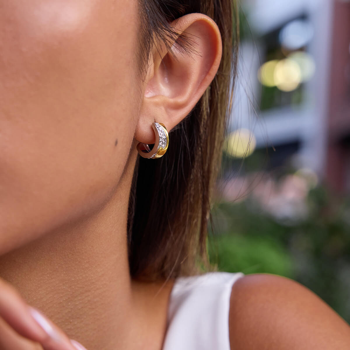 18K Gold Plated Two - Tone Huggie Hoop Earrings | Waterproof Stainless Steel C - Hoops with Sparkling Zirconia | Hypoallergenic Daily Essential - Aruary Studio ｜ Artisanal Jewelry