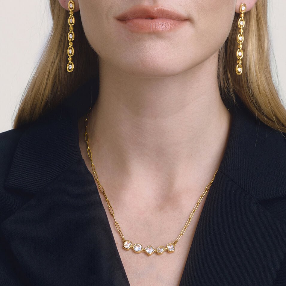 18K Gold Plated Waterproof Jewelry Set | Dainty Paperclip Link Chain Necklace & Drop Earrings with Zirconia | Tarnish - Free Minimalist Set for Women - Aruary Studio ｜ Artisanal Jewelry