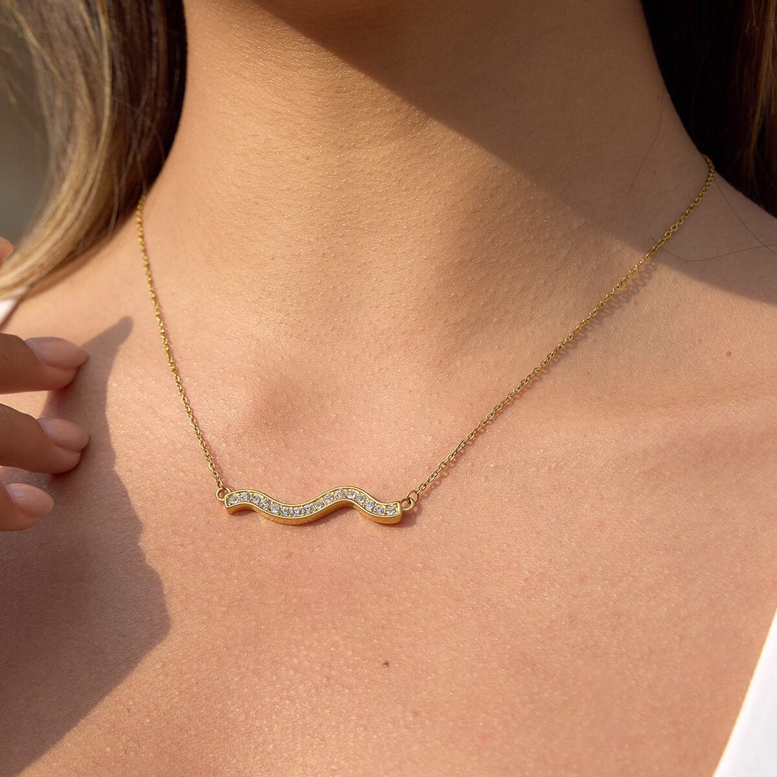 18K Gold Plated Wave Bar Necklace | Waterproof Stainless Steel Dainty Curved Pendant with Cubic Zirconia | Tarnish - Free Minimalist Jewelry for Her - Aruary Studio ｜ Artisanal Jewelry
