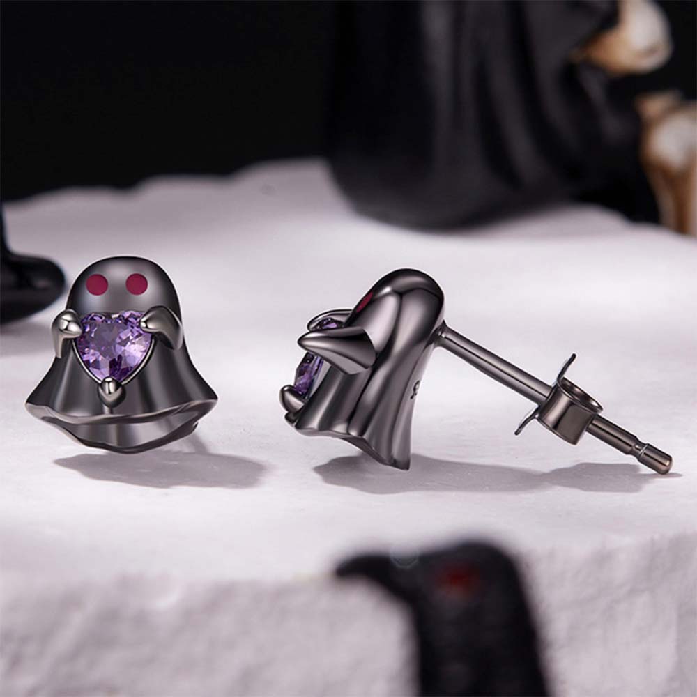 Cute Ghost Stud Earrings with Purple Heart CZ - 925 Sterling Silver Halloween Spooky Jewelry Aruary Studio ｜ Artisanal Jewelry
