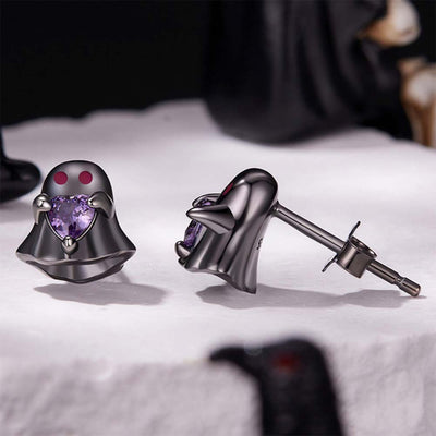 Cute Ghost Stud Earrings with Purple Heart CZ - 925 Sterling Silver Halloween Spooky Jewelry Aruary Studio ｜ Artisanal Jewelry