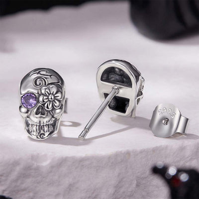 Gothic Floral Skull Stud Earrings with Purple Crystal - 925 Sterling Silver Halloween Jewelry Aruary Studio ｜ Artisanal Jewelry