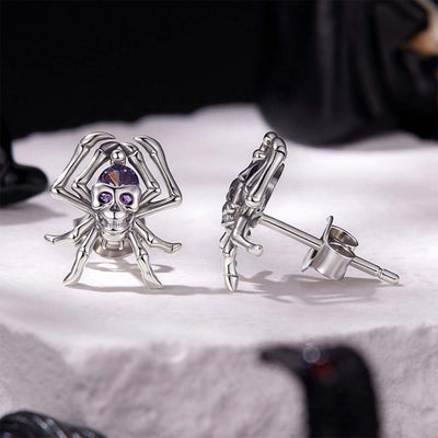 Skull Spider Stud Earrings with Purple Crystal - 925 Sterling Silver Halloween Gothic Jewelry Aruary Studio ｜ Artisanal Jewelry