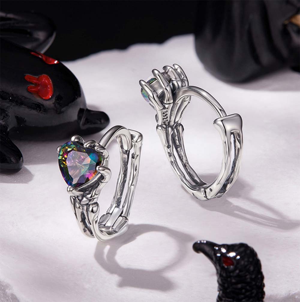 Skeleton Hands Rainbow Heart Crystal Hoop Earrings - 925 Sterling Silver Halloween Gothic Dangle Earrings Aruary Studio ｜ Artisanal Jewelry