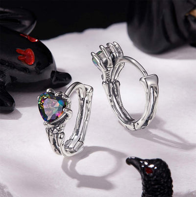 Skeleton Hands Rainbow Heart Crystal Hoop Earrings - 925 Sterling Silver Halloween Gothic Dangle Earrings Aruary Studio ｜ Artisanal Jewelry