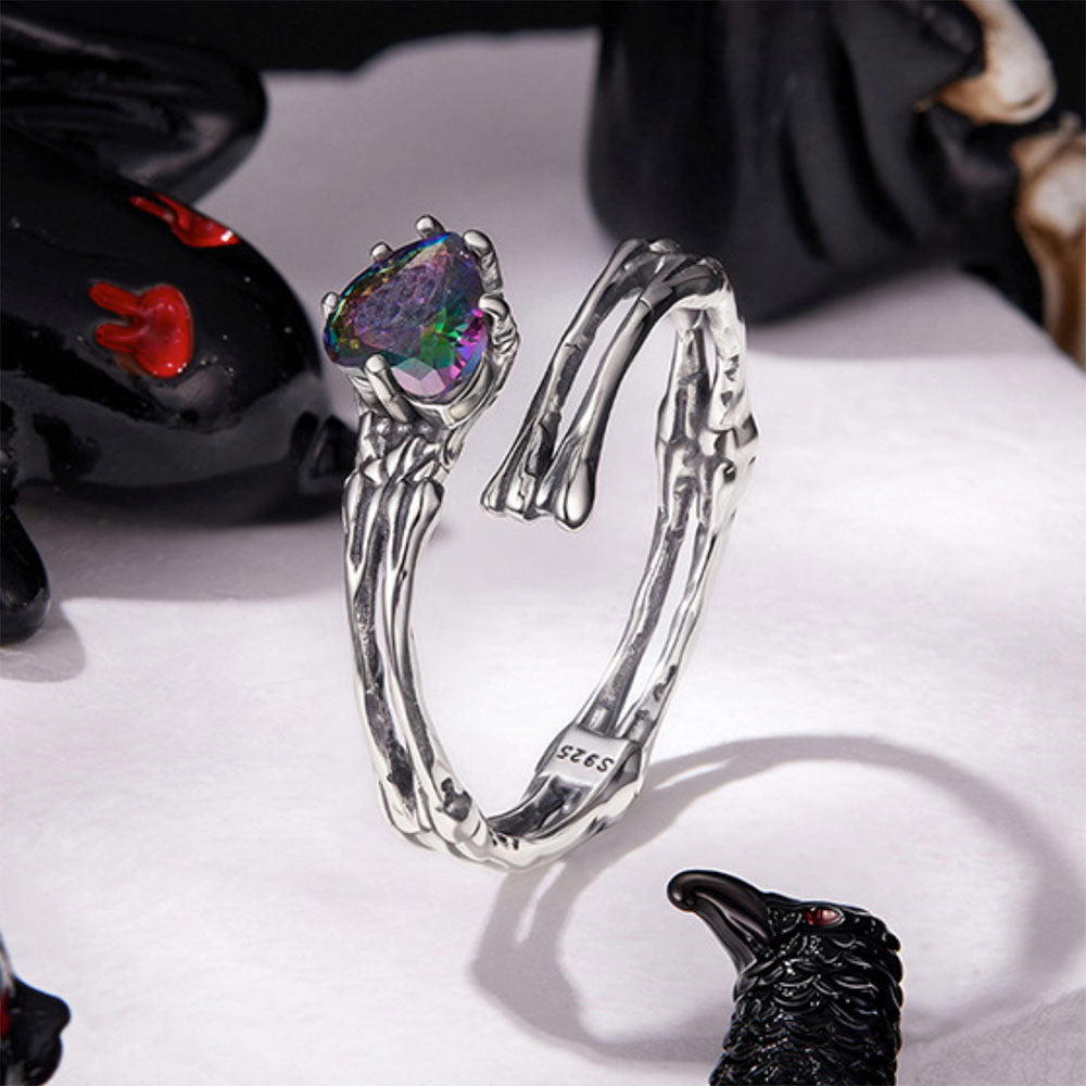 Skeleton Hands Rainbow Heart Crystal Ring - 925 Sterling Silver Halloween Gothic Adjustable Open Ring Aruary Studio ｜ Artisanal Jewelry