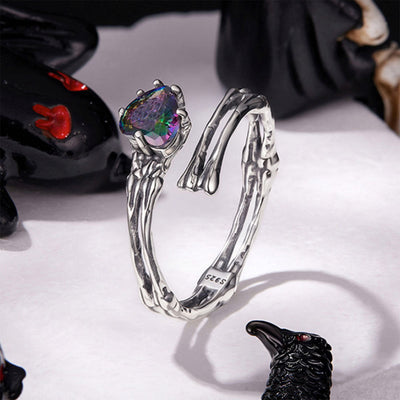 Skeleton Hands Rainbow Heart Crystal Ring - 925 Sterling Silver Halloween Gothic Adjustable Open Ring Aruary Studio ｜ Artisanal Jewelry