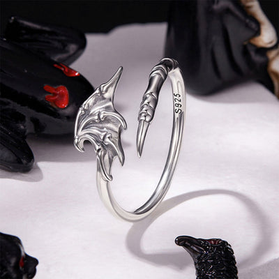 Halloween Bat Wing & Claw Open Ring - 925 Sterling Silver Gothic Adjustable Statement Ring Aruary Studio ｜ Artisanal Jewelry