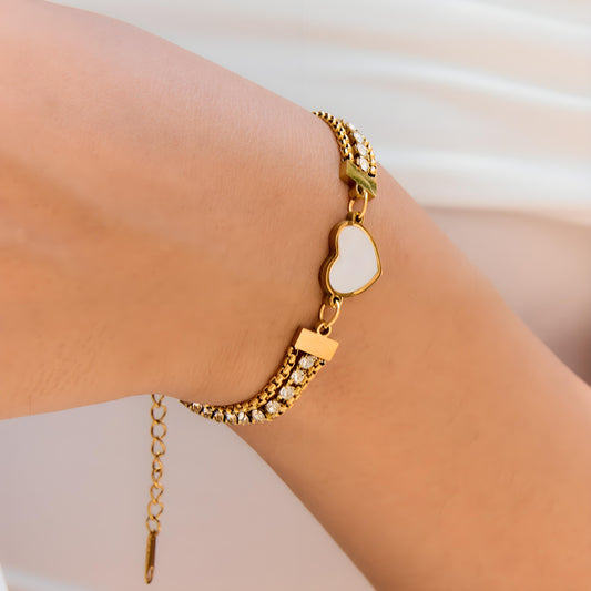 Vintage - Inspired Gold Crystal Heart Pearl Bracelet