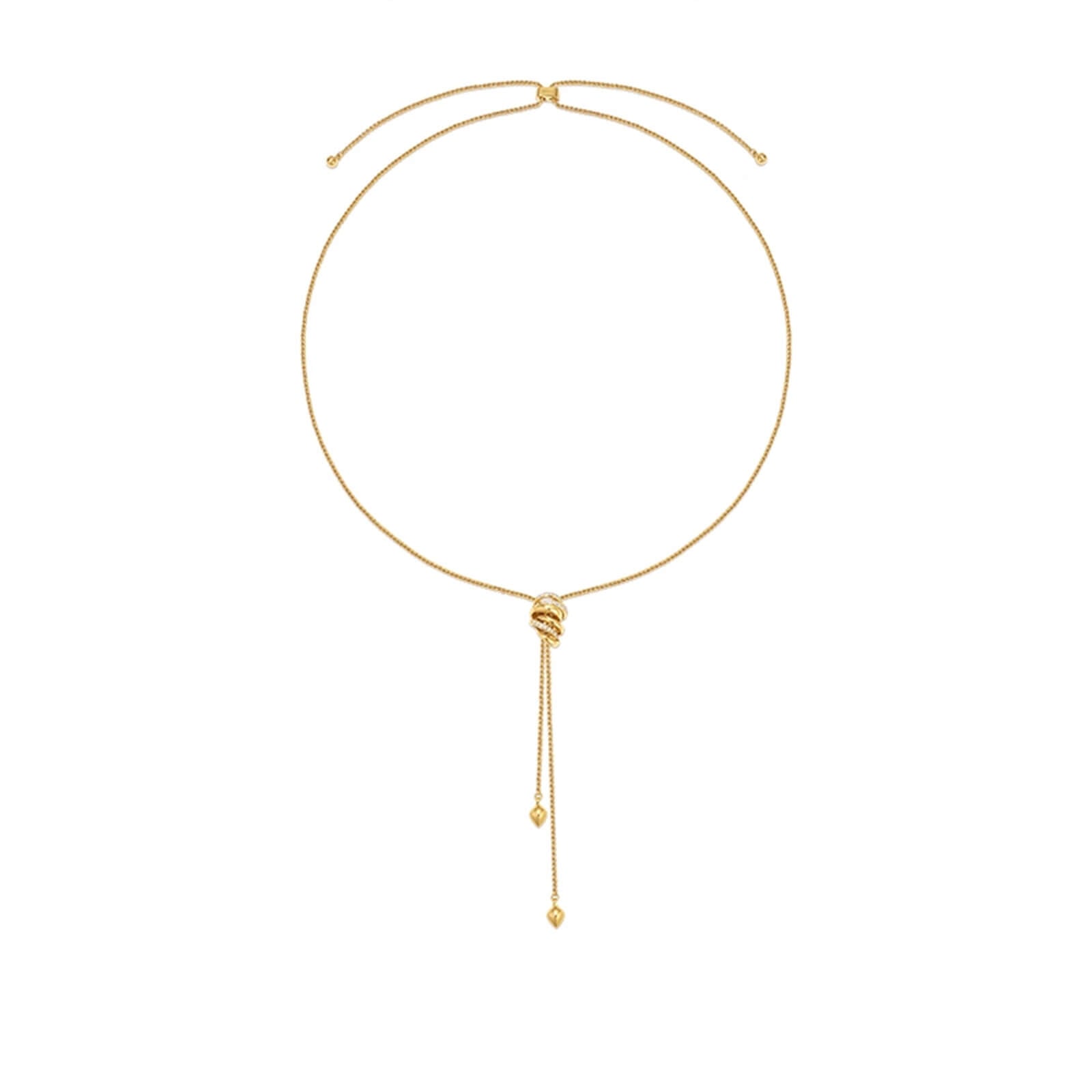 An adjustable 68cm 18K gold plated long chain necklace with a slide-closure ribbon charm and asymmetrical gold tassels.