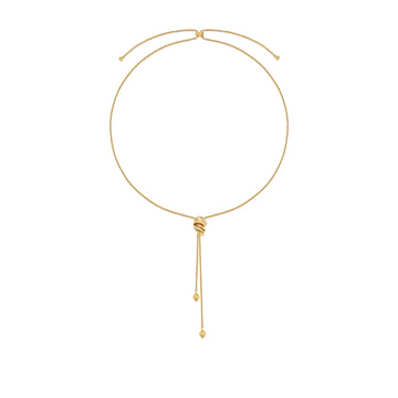 An adjustable 68cm 18K gold plated long chain necklace with a slide-closure ribbon charm and asymmetrical gold tassels.