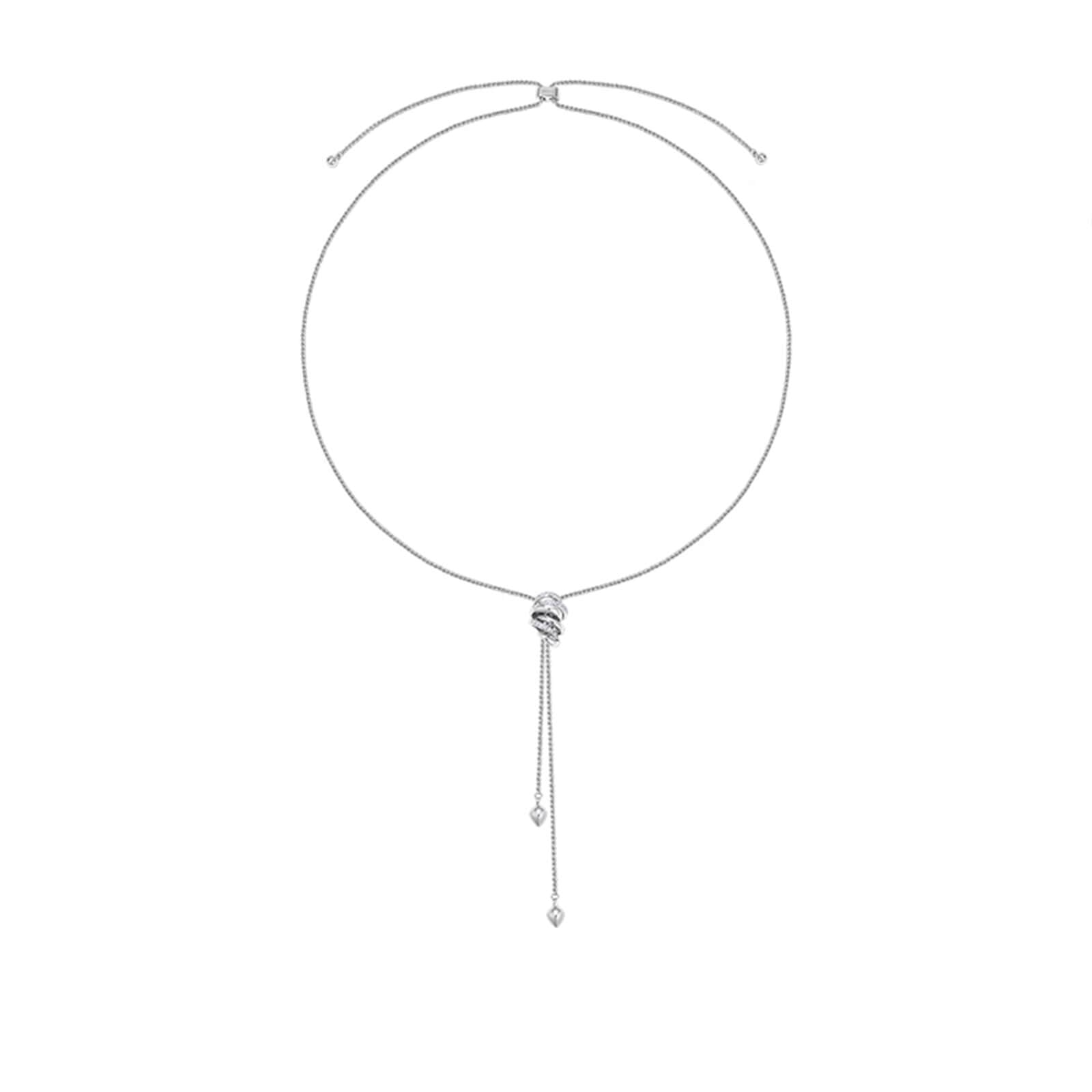 An adjustable 68cm 18K gold plated long chain necklace with a slide-closure ribbon charm and asymmetrical gold tassels.