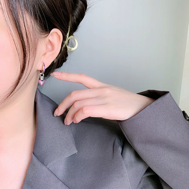 925 Sterling Silver Vintage Asymmetric Cross & Heart Crown Hoop Earrings | Purple Zircon - Encrusted Retro Statement Jewelry - Aruary Studio ｜ Artisanal Jewelry