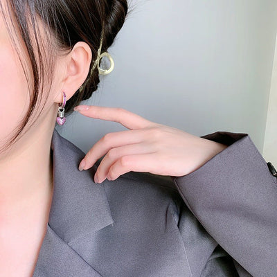 925 Sterling Silver Vintage Asymmetric Cross & Heart Crown Hoop Earrings | Purple Zircon - Encrusted Retro Statement Jewelry - Aruary Studio ｜ Artisanal Jewelry