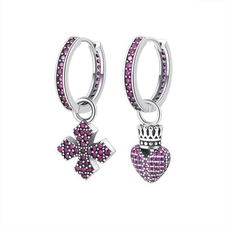 Empress Asymmetric Hoop Earrings with Cross & Crown Design