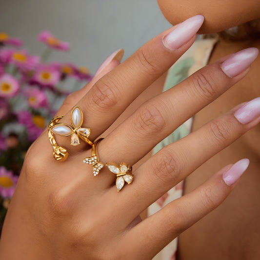 Gold-Tone Butterfly Pearl & Crystal Ring Set