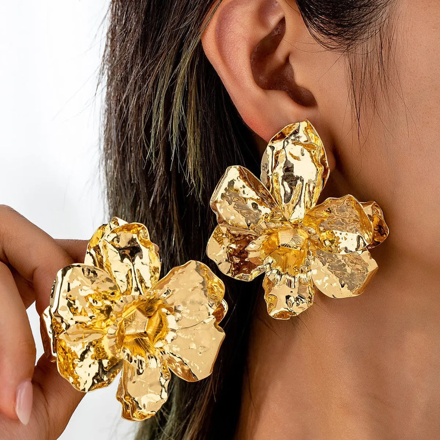 Aruary Studio ｜ Artisanal Jewelry Crinkle Petal Drop Earrings | Gold Plated Abstract Floral Design | Minimalist Statement Earrings for Women