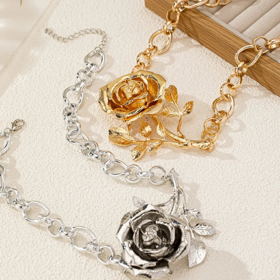 Aruary Studio ｜ Artisanal Jewelry Gothic Rose Collarbone Necklace - 3D Zinc Alloy Statement Piece • Dark Floral Jewelry