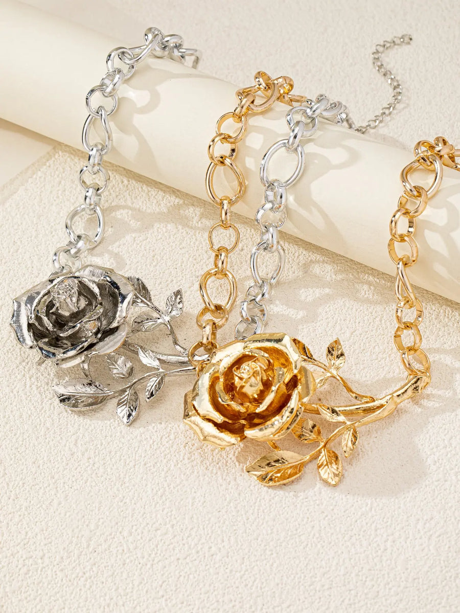Aruary Studio ｜ Artisanal Jewelry Gothic Rose Collarbone Necklace - 3D Zinc Alloy Statement Piece • Dark Floral Jewelry