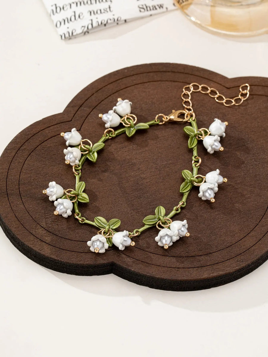 Aruary Studio ｜ Artisanal Jewelry Whimsical Lily of the Valley Floral Charm Bracelet - Gold-Accented Vine Design