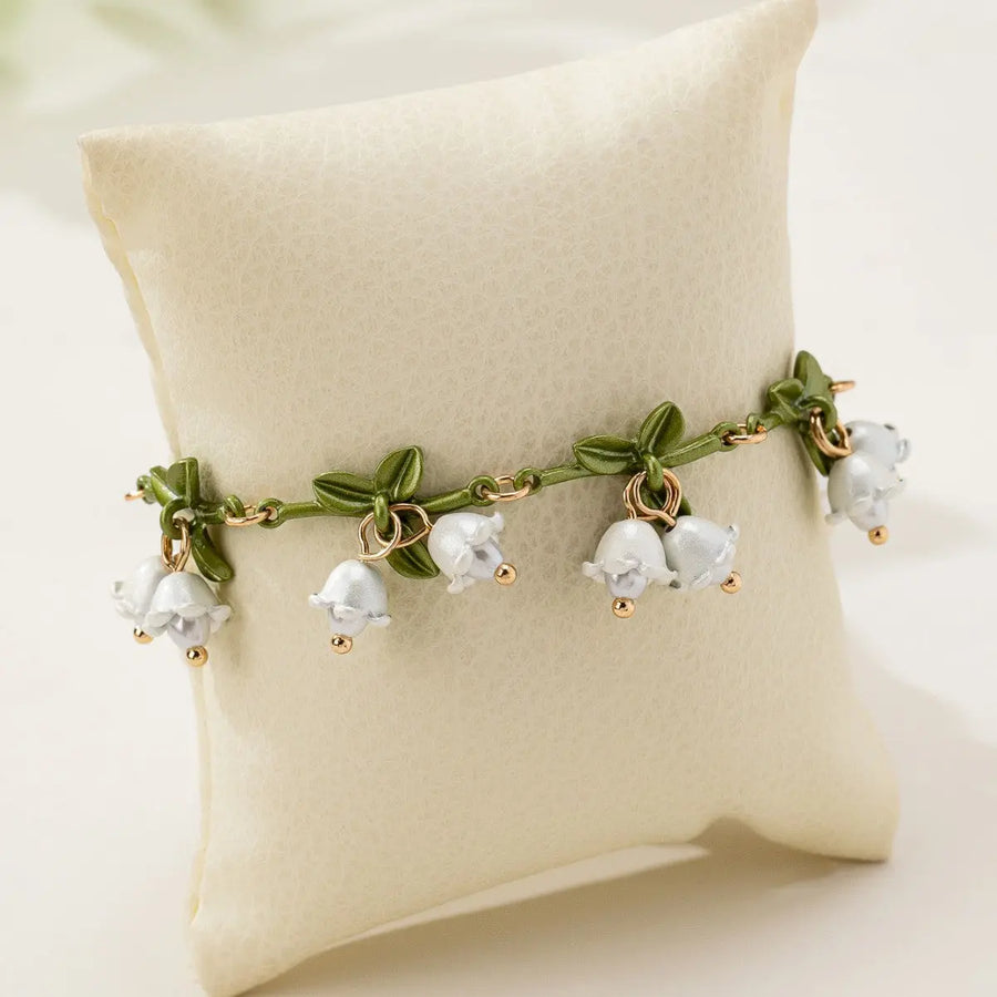 Aruary Studio ｜ Artisanal Jewelry Whimsical Lily of the Valley Floral Charm Bracelet - Gold-Accented Vine Design