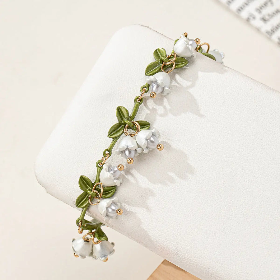 Aruary Studio ｜ Artisanal Jewelry Whimsical Lily of the Valley Floral Charm Bracelet - Gold-Accented Vine Design