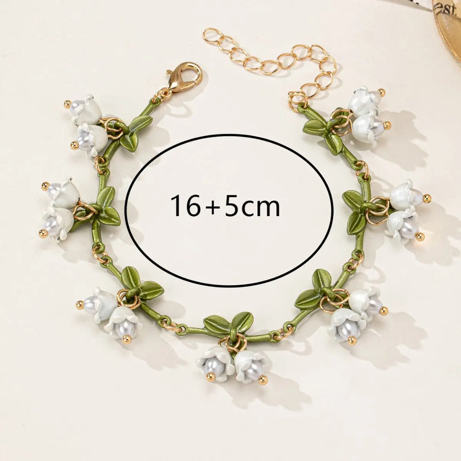 Aruary Studio ｜ Artisanal Jewelry Whimsical Lily of the Valley Floral Charm Bracelet - Gold-Accented Vine Design